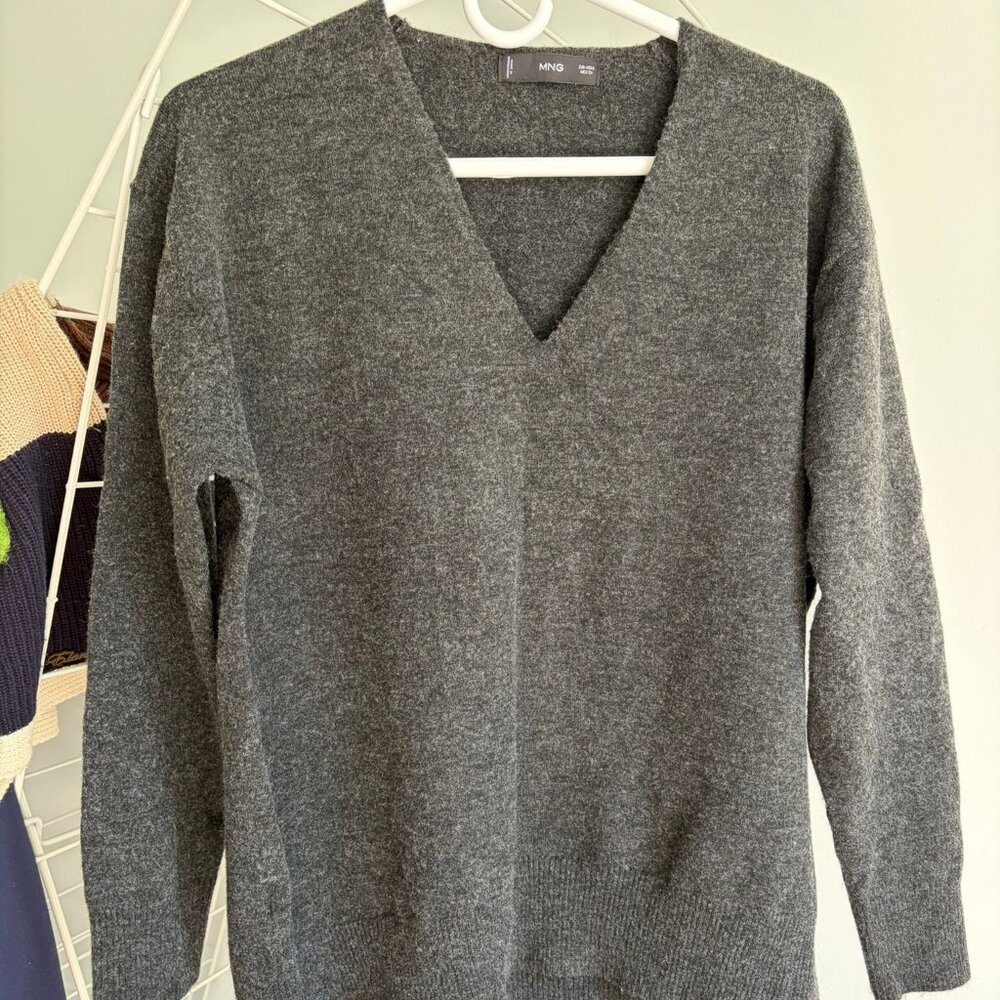 MANGO - Charcoal Grey Oversized V-Neck Sweater
